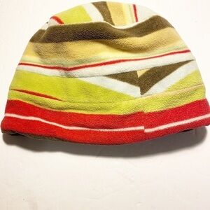 𝅺LANDS End Winter Fleece Hat Red Yellow Stripes